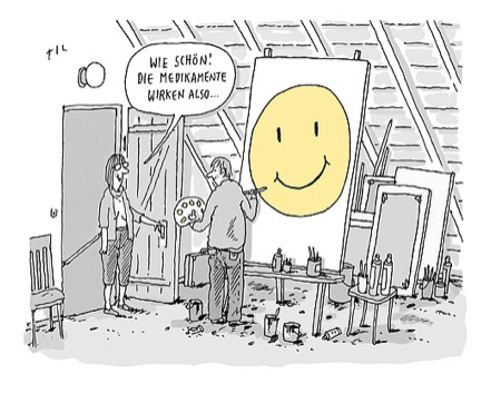 Ein Atelier. Ein Mann steht vor einer Leinwand. Er hat einen gelben Smiley gemalt. Eine Frau kommt zur Tür herein. Die Frau sagt: Wie schön; die Medikamente wirken also.