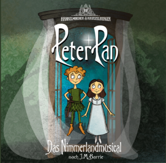 Eine Zeichnung. Ein Junge und ein Mädchen stehen an einem Fenster. Über ihnen steht: Peter Pan. Unter ihnen steht: das Nimmerland-Musical.