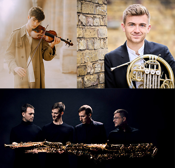Eine Collage. Sie zeigt sechs Musiker mit Instrumenten.