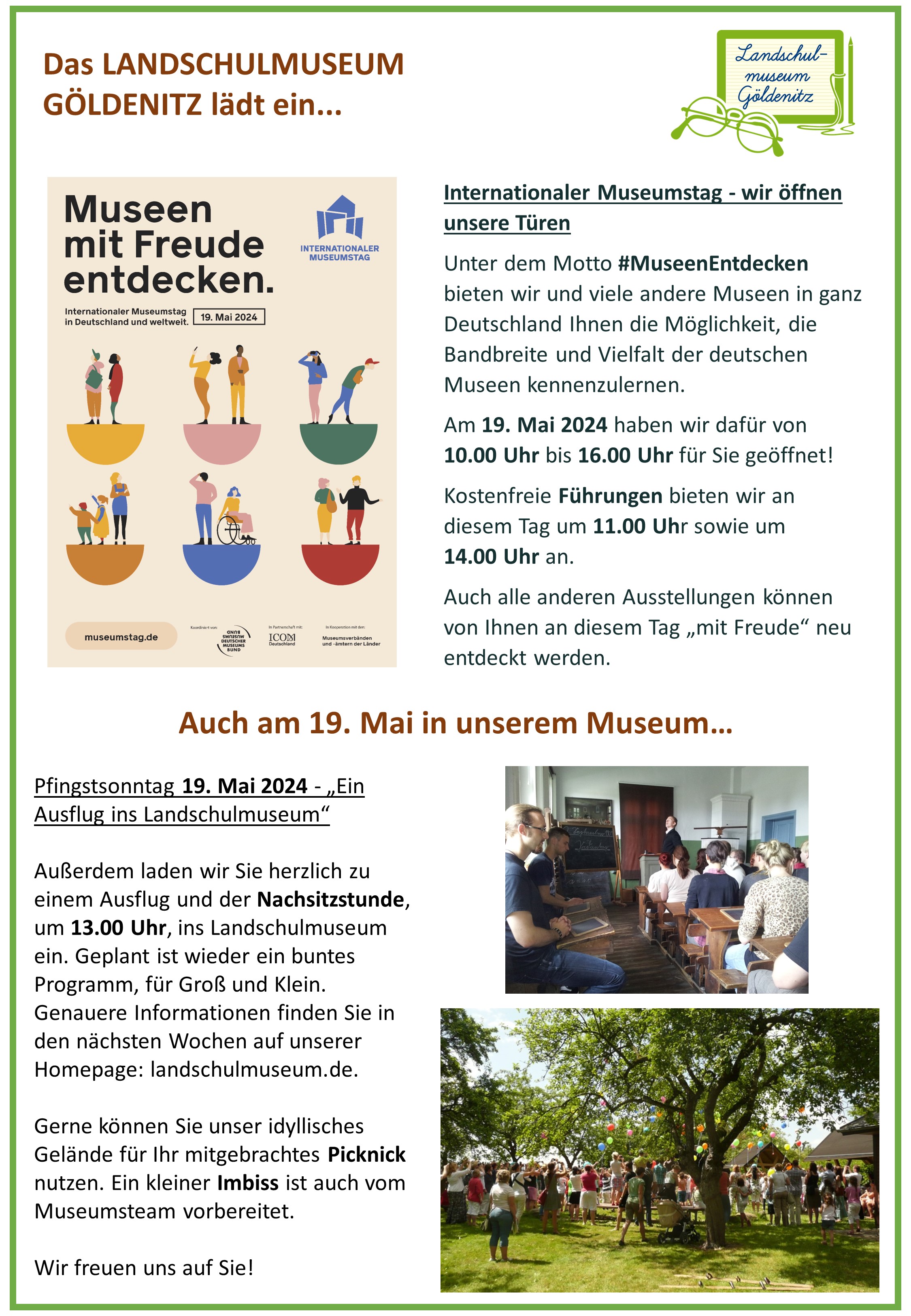 Pfingsten und Internationaler Museumstag im Landschulmuseum Göldenitz